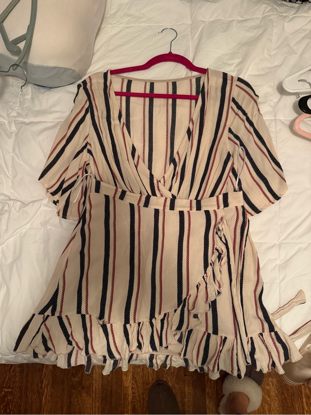 Striped V-Neck Wrap Two Piece- Cream with Navy & Red Stripes